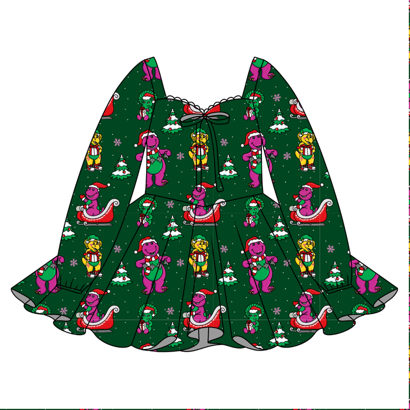 Dino Days of Christmas Chloe Long Sleeve Sweetheart Dress - Knit - Pre Order - Christmas Special