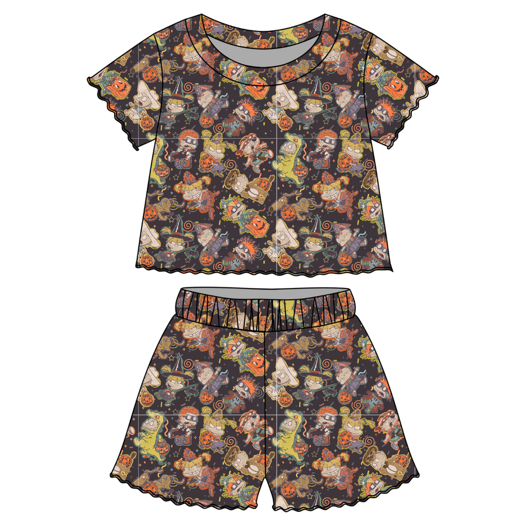 Midnight Mischief - Orchid Ruffle Short Sleeve Short Set Bamboo - PRE ORDER