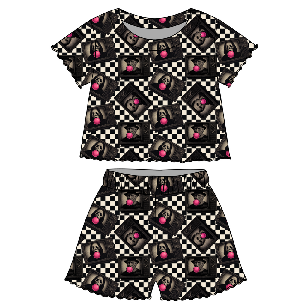 Bubblegum Fright Night - Orchid Ruffle Short Sleeve Short Set Bamboo - PRE ORDER