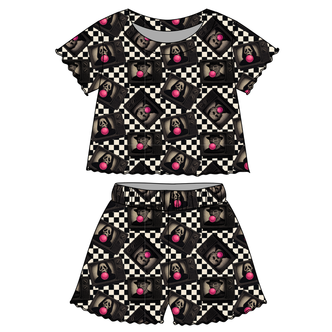 Bubblegum Fright Night - Orchid Ruffle Short Sleeve Short Set Bamboo - PRE ORDER
