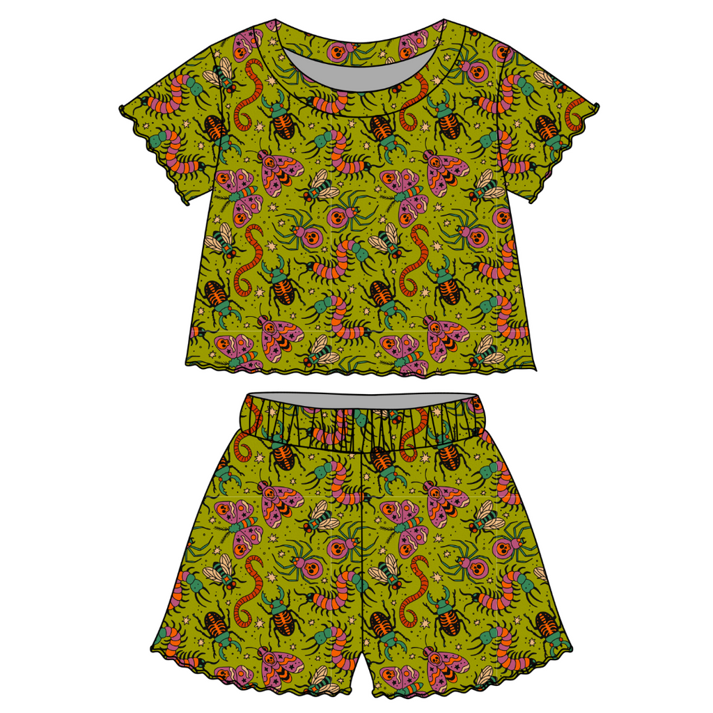 Creepy Crawly - Orchid Ruffle Short Sleeve Short Set Bamboo - PRE ORDER