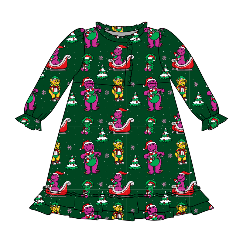 Dino Days of Christmas Emerald Long Sleeve Lounge Dress - Bamboo - Pre Order - Christmas Special