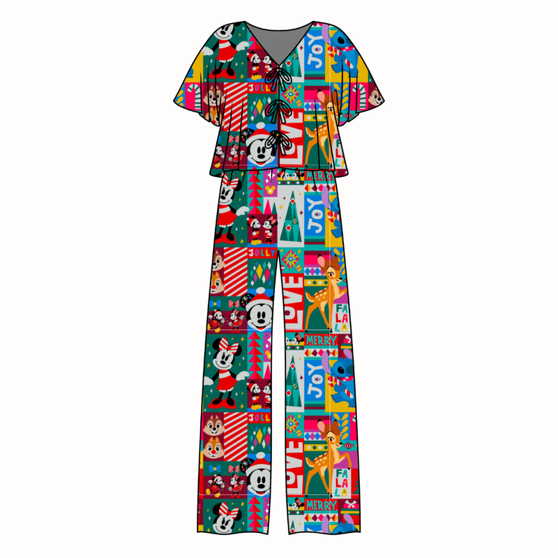 Jolly Patchwork Lollipop Women's Front Tie Pants Set - Bamboo - Pre Order - Christmas Special