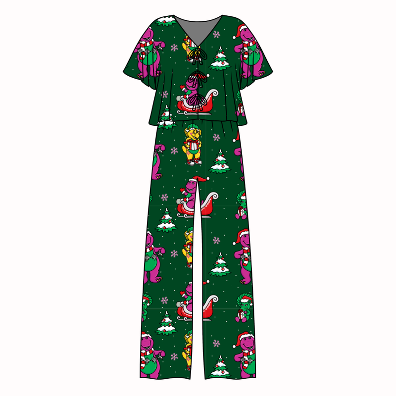 Dino Days of Christmas Lollipop Women's Front Tie Pants Set - Bamboo - Pre Order - Christmas Special
