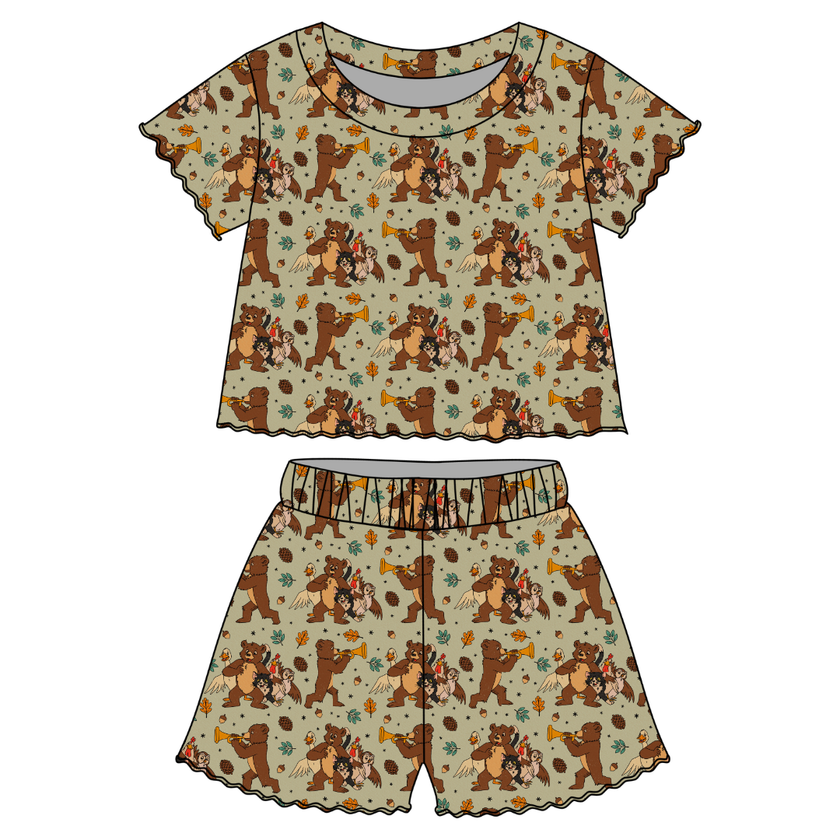Woodland Melody Orchid Ruffle Short Sleeve Short Set Bamboo - PRE ORDER