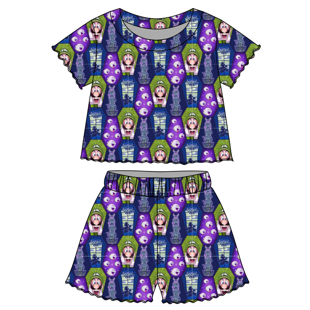 Haunted Halls - Orchid Ruffle Short Sleeve Short Set Bamboo - PRE ORDER