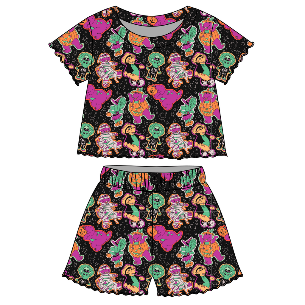 Dino Boo Bash - Orchid Ruffle Short Sleeve Short Set Bamboo - PRE ORDER