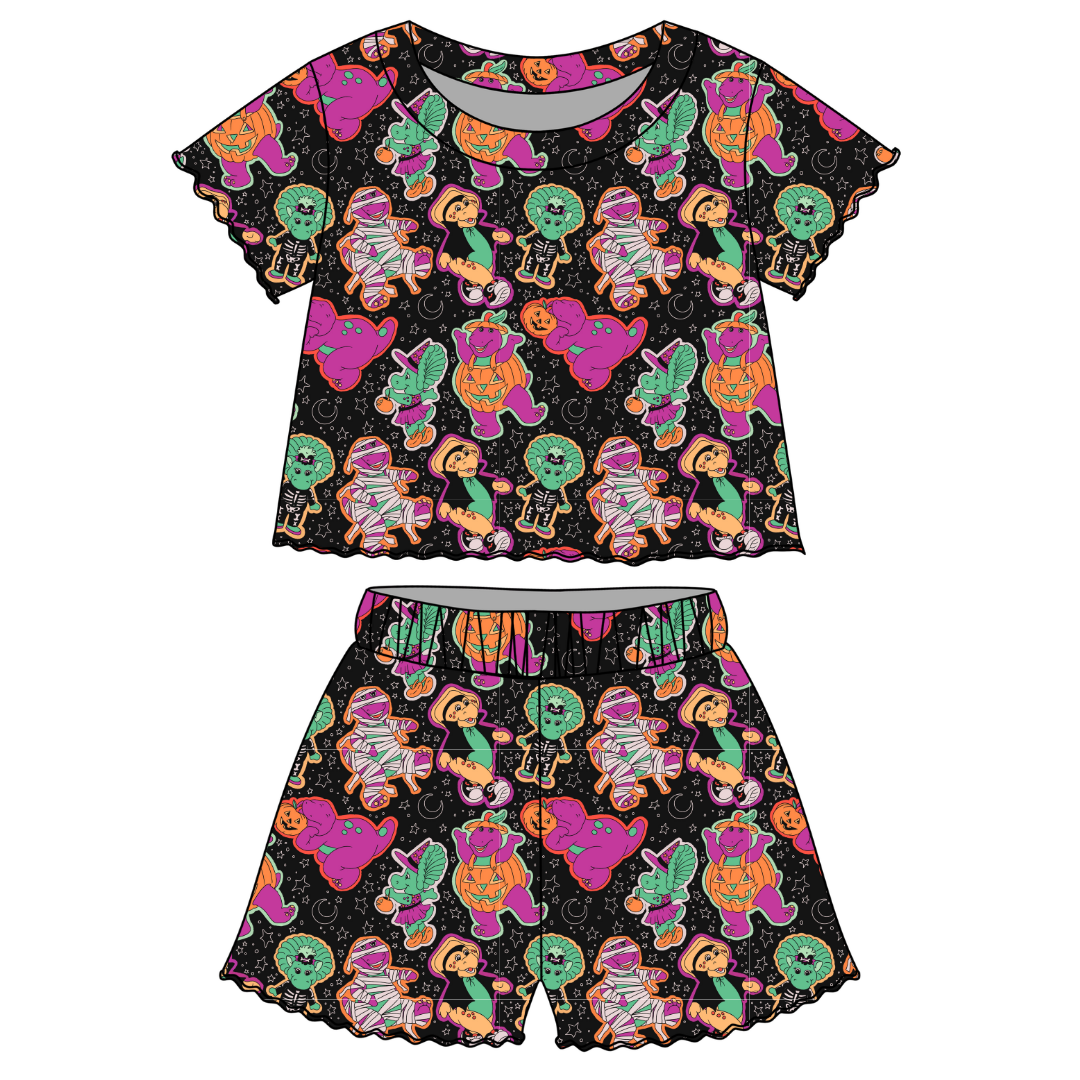 Dino Boo Bash - Orchid Ruffle Short Sleeve Short Set Bamboo - PRE ORDER