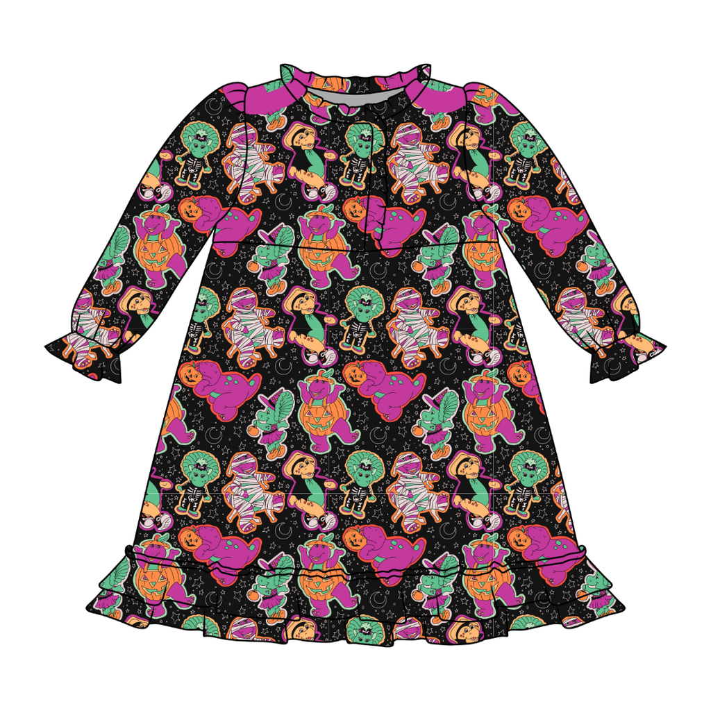 Dino Boo Bash Emerald Bamboo Long Sleeve Lounge Dress - PRE ORDER