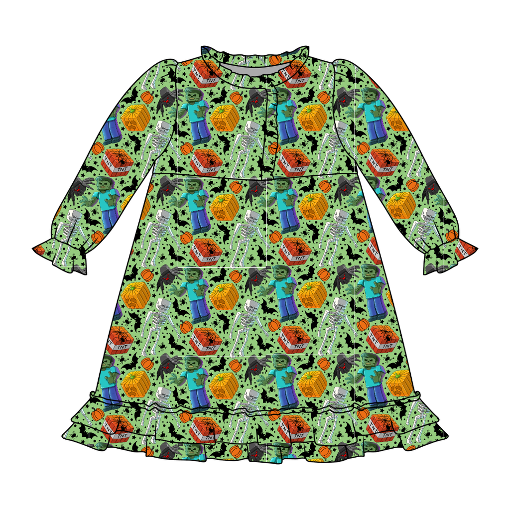 Pixel Pumpkin Patch Emerald Bamboo Long Sleeve Lounge Dress - PRE ORDER
