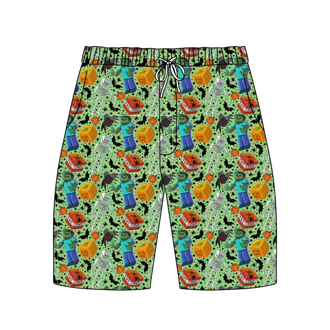 Pixel Pumpkin Patch Chill Extended Length Adult Pajama Bamboo Shorts - Pre Order