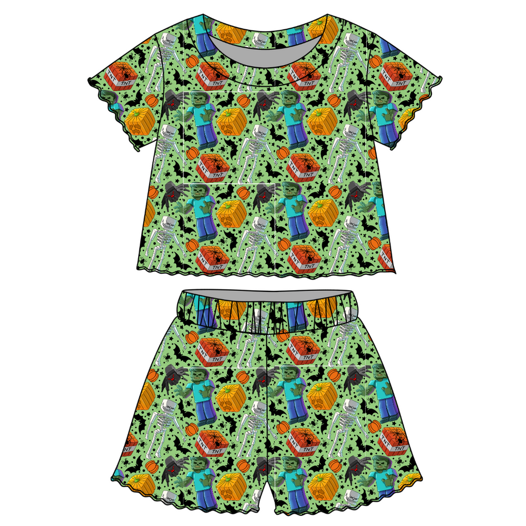 Pixel Pumpkin Patch - Orchid Ruffle Short Sleeve Short Set Bamboo - PRE ORDER