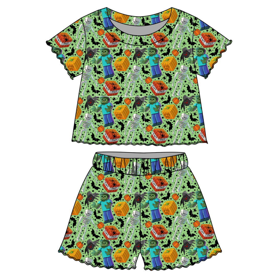 Pixel Pumpkin Patch - Orchid Ruffle Short Sleeve Short Set Bamboo - PRE ORDER