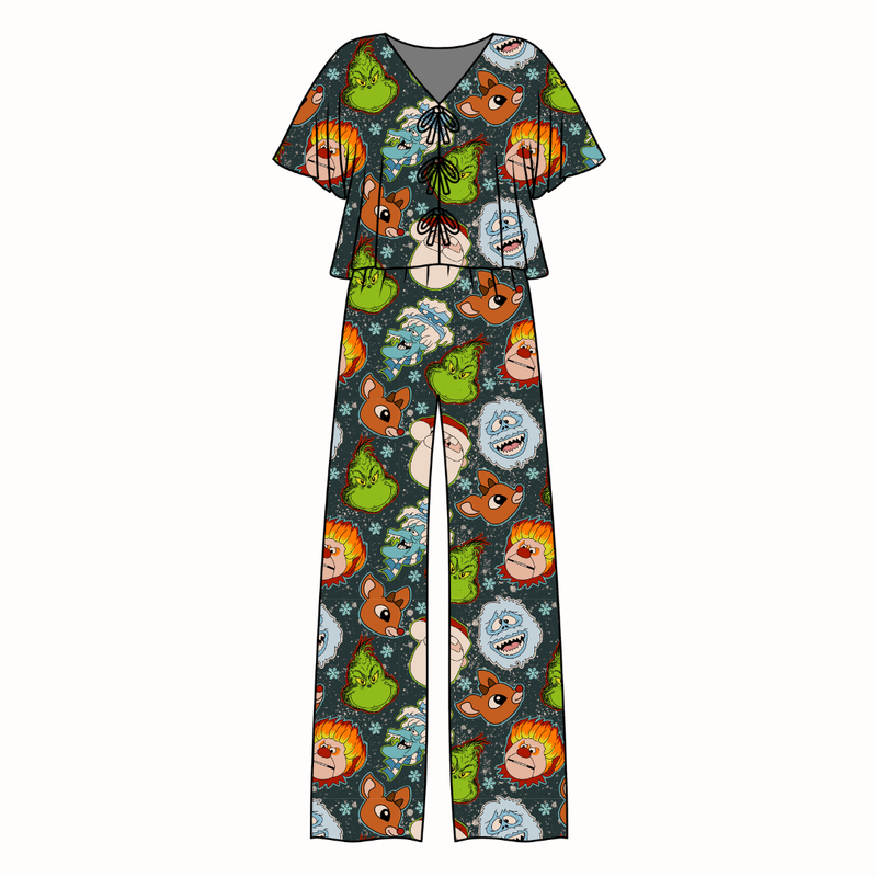 Classic Christmas Mischief Lollipop Women's Front Tie Pants Set - Bamboo - Pre Order - Christmas Special